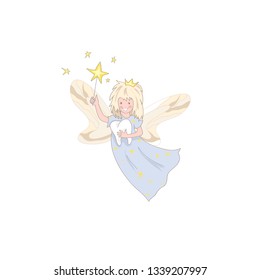 Cute kawaii tooth fairy with magic stick and tooth icon isolated
