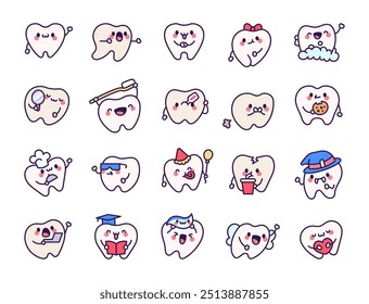 Cute kawaii tooth. Funny cartoon character. Hand drawn style. Vector drawing. Collection of design elements.