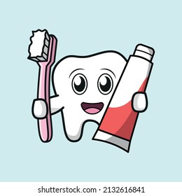 Cute kawaii tooth holding brush and toothpaste vector cartoon illustration