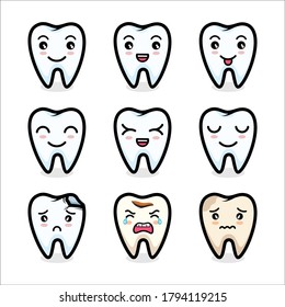 Cute kawaii tooth icon set vector illustration. Smiling and upset animated cartoon teeth characters.Snow-white Happy Tooth and Yellow Moody Tooth Cartoon characters in flat design.