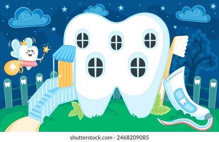 Casa en forma de diente de kawaii lindo con hadas de dientes volando a casa, ilustración de cuento de hadas dental, pasta de dientes y cepillo  