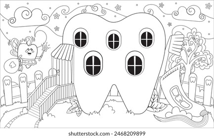 Cute kawaii tooth shaped house with tooth fairy flying to home coloring page for children dental clinic in black and white style