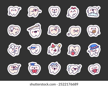 Cute kawaii tooth. Sticker Bookmark. Funny cartoon character. Hand drawn style. Vector drawing. Collection of design elements.