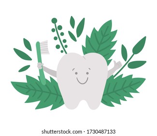 Cute kawaii tooth with toothbrush and thumb up. Vector teeth composition for children design. Funny dental care picture for kids. Dentist mouth hygiene concept on background with green leaves and twig