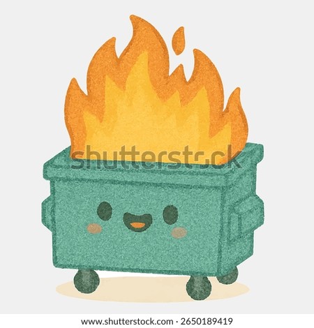 Cute Kawaii Trash Dump on Fire with Funny Expression
A funny and chaotic kawaii-style illustration of a trash dump or garbage bin on fire, featuring adorable cartoon eyes, a silly smile
