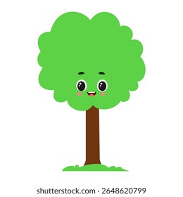 Lindo árbol kawaii con cara feliz - Ilustración vectorial de naturaleza de dibujos animados para niños