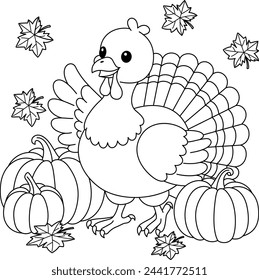 Cute kawaii turkey cartoon character and pumpkins coloring page vector illustration