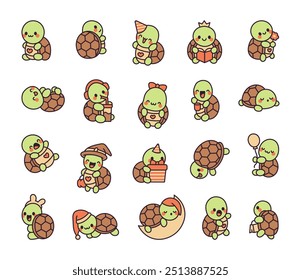 Cute kawaii turtle. Adorable animal character. Hand drawn style. Vector drawing. Collection of design elements.