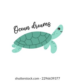 Carácter lindo kawaii de tortuga. El océano sueña la frase con letras. Dibujo manual de ilustración vectorial.