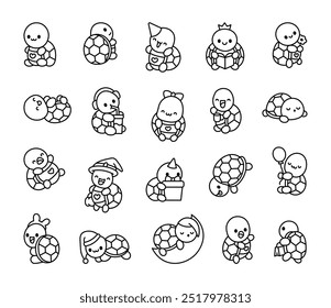 Cute kawaii turtle. Coloring Page. Adorable animal character. Hand drawn style. Vector drawing. Collection of design elements.