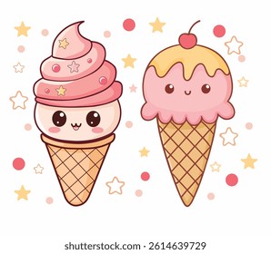 Cute kawaii two Ice Cream Flat Design Graphic. Cartoon sweet character ice cream cone