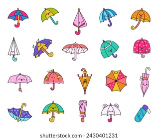 Cute kawaii umbrella. Cartoon rainy seasonal parasols character. Hand drawn style. Vector drawing. Collection of design elements.