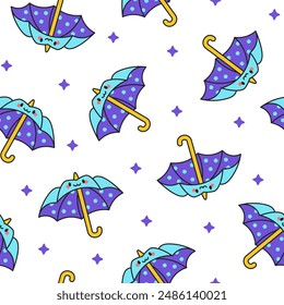 Cute kawaii umbrella. Seamless pattern. Cartoon rainy seasonal parasols character. Hand drawn style. Vector drawing. Design ornaments.