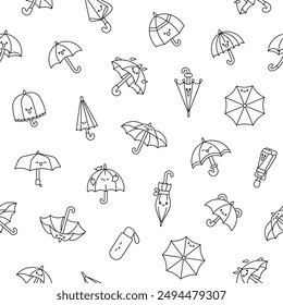Cute kawaii umbrella. Seamless pattern. Coloring Page. Cartoon rainy seasonal parasols character. Hand drawn style. Vector drawing. Design ornaments.