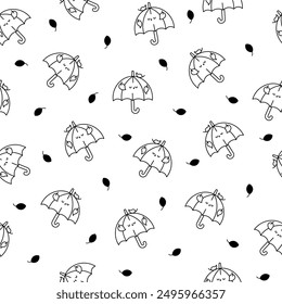 Cute kawaii umbrella. Seamless pattern. Coloring Page. Cartoon rainy seasonal parasols character. Hand drawn style. Vector drawing. Design ornaments.