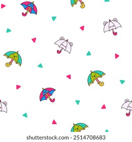 Cute kawaii umbrella. Seamless pattern. Cartoon rainy seasonal parasols character. Hand drawn style. Vector drawing. Design ornaments.
