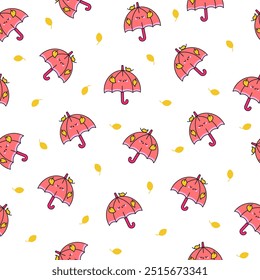 Lindo paraguas kawaii. Patrón sin fisuras. Personaje de parasoles de temporada de dibujos animados. Estilo dibujado a mano. Dibujo de Vector. Diseña adornos.