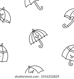 Cute kawaii umbrella. Seamless pattern. Coloring Page. Cartoon rainy seasonal parasols character. Hand drawn style. Vector drawing. Design ornaments.