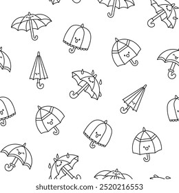 Cute kawaii umbrella. Seamless pattern. Coloring Page. Cartoon rainy seasonal parasols character. Hand drawn style. Vector drawing. Design ornaments.