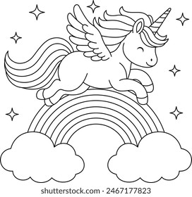 Cute kawaii unicorn with angel wings is flying on the rainbow coloring page for kids. Animal outline doodle colouring page isolated on white background. Wild animal coloring book for kids 