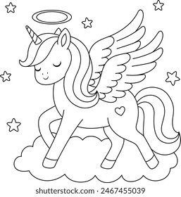 Cute kawaii unicorn with with angel wings coloring page for kids. Animal outline doodle colouring page isolated on white background. Wild animal coloring book for kids 