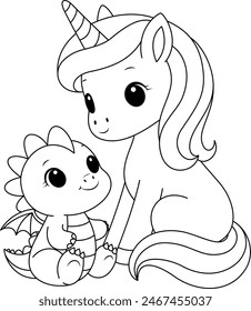 Cute kawaii unicorn with baby dragon coloring page for kids. Animal outline doodle colouring page isolated on white background. Wild animal coloring book for kids 