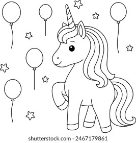 Cute kawaii unicorn with balloons coloring page for kids. Animal outline doodle colouring page isolated on white background. Wild animal coloring book for kids 