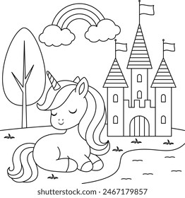 Cute kawaii unicorn and castle coloring page for kids. Animal outline doodle colouring page isolated on white background. Wild animal coloring book for kids 