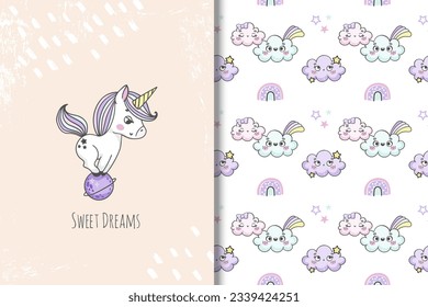 Cute kawaii unicorn with clouds cartoon vector illustration for posters, T-shirt print, postcard. Kids card and seamless background pattern set