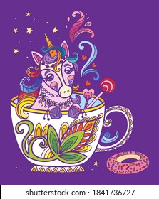 Cute kawaii unicorn in a cup. Adult antistress illustration with animal in tangle style isolated on purple background. Colrful vector illustration for print, design, T-shirt print, tattoo, logo. 