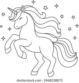 Cute kawaii unicorn is dancing coloring page for kids. Animal outline doodle colouring page isolated on white background. Wild animal coloring book for kids