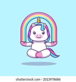 
Cute Kawaii Unicorn Doing Yoga Meditation With Rainbow Cartoon Illustration