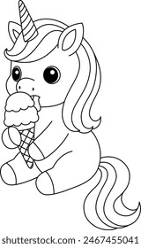 Cute kawaii unicorn eating ice cream coloring page for kids. Animal outline doodle colouring page isolated on white background. Wild animal coloring book for kids 