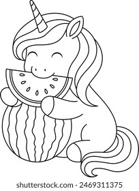 Cute kawaii unicorn is eating watermelon coloring page for kids. Animal outline doodle colouring page isolated on white background. Wild animal coloring book for kids