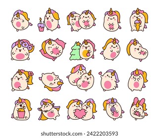 Cute kawaii unicorn. Fairy tale cartoon happy pony characters. Hand drawn style. Vector drawing. Collection of design elements.