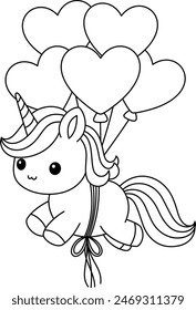 Lindo unicornio kawaii volando con globos de corazón para colorear página para niños. Dibujo para colorear de garabato de contorno animal aislado sobre fondo blanco. Libro para colorear animales salvajes para niños