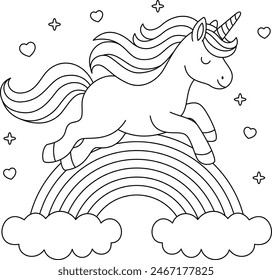 Cute kawaii unicorn is flying on the rainbow coloring page for kids. Animal outline doodle colouring page isolated on white background. Wild animal coloring book for kids 