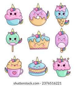 Cute kawaii Einhorngerichte und Dessert. Cupcakes, Geburtstagskuchen, Lollipop, Eis und Kaffee. Fröhliche Charaktere. Kinderparty und Feier. Vektorgrafik. Sammlung von Design-Elementen.