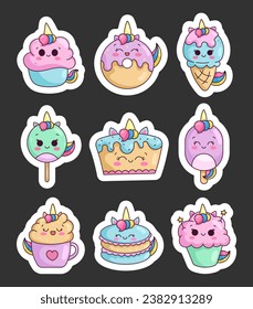 Cute kawaii unicorn food and dessert. Sticker Bookmark. Cupcakes and birthday cake. Happy characters. Kids party and celebration. Vector drawing. Collection of design elements.