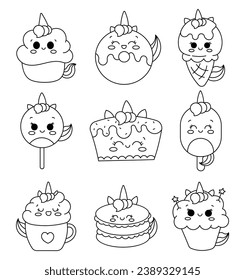 Cute kawaii unicorn food and dessert. Coloring Page. Cupcakes and birthday cake. Happy characters. Kids party and celebration. Vector drawing. Collection of design elements.