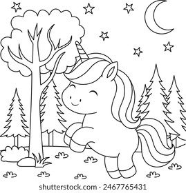 Cute kawaii unicorn in the forest coloring page for kids. Animal outline doodle colouring page isolated on white background. Wild animal coloring book for kids 