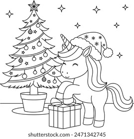 Cute kawaii unicorn with gift box and christmas tree cartoon character coloring page for kids. Animal outline doodle colouring page isolated on white background.  