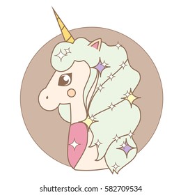 Cute kawaii Unicorn head in cartoon style. Vector illustration in soft pastel colors