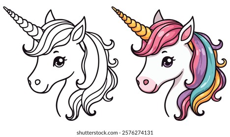 Cute Kawaii Unicorn Head Line Art Vector Illustration Black and White with Coloring Sample. Bold and Easy Animals Coloring Pages for Adults and Kids. Kids apparel print design
