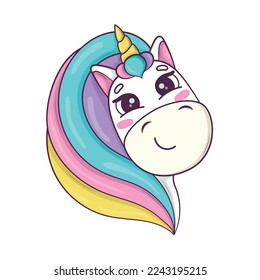 Cute kawaii unicorn head and rainbow mane   horn in anime style