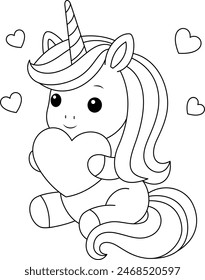 Cute kawaii unicorn is holding heart coloring page for kids. Animal outline doodle colouring page isolated on white background. Wild animal coloring book for kids