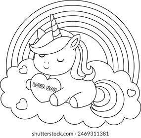 Cute kawaii unicorn is holding love you heart coloring page for kids. Animal outline doodle colouring page isolated on white background. Wild animal coloring book for kids