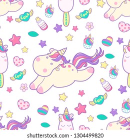 Cute kawaii unicorn with magical elements and ice cream. Vector background.