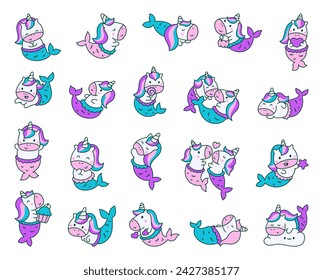 Cute kawaii unicorn mermaid. Fantasy cartoon characters. Hand drawn style. Vector drawing. Collection of design elements.