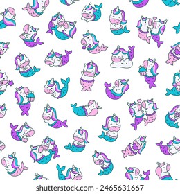 Cute kawaii unicorn mermaid. Seamless pattern. Fantasy cartoon characters. Hand drawn style. Vector drawing. Design ornaments.